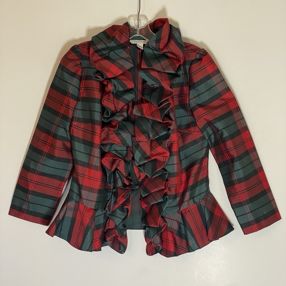 Boston Proper Jacket Womens 4 Red Gray Striped Button Up Christmas Ruffle Collar